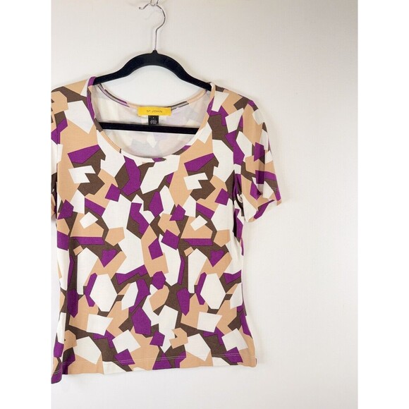 St John Womens Top Beige Abstract Short Sleeve Stretch Blouse Casual Size Small - Picture 5 of 11